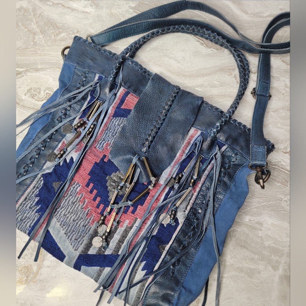 Rare Free People Canyonland Leather Tribal Festival Blue Fringe XL Large Tote